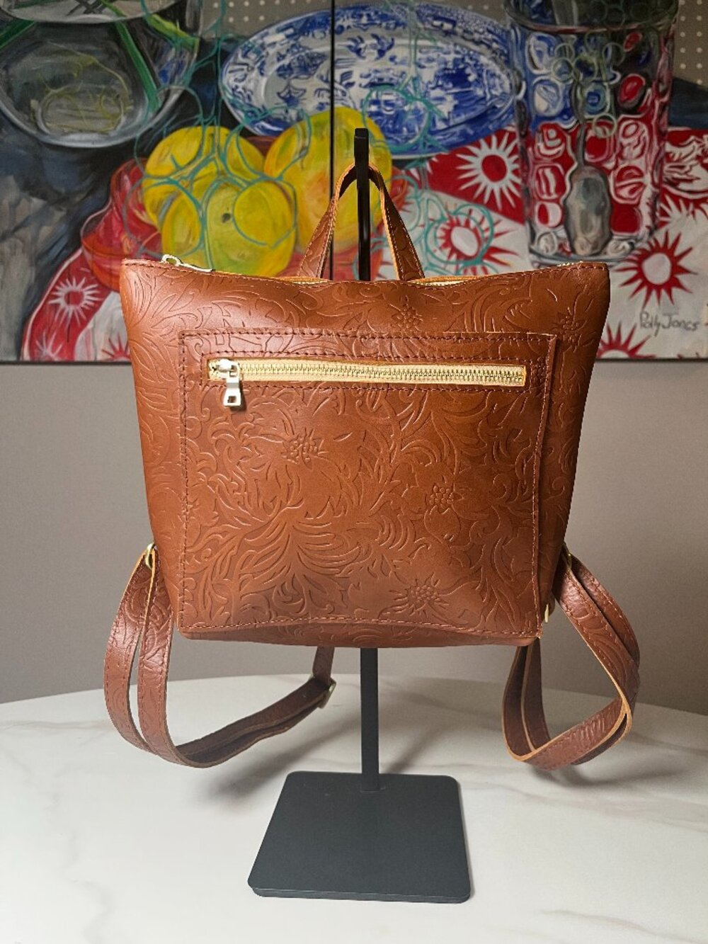 Portland Leather Goods Embossed Leather Backpack Meadow Floral NWOT